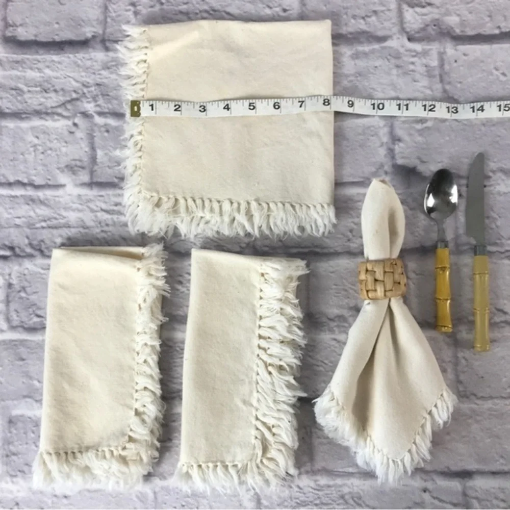 Set of 4 Natural Woven Rattan Raffia Napkin Rings * Bonus 4 Ivory‎ Napkins